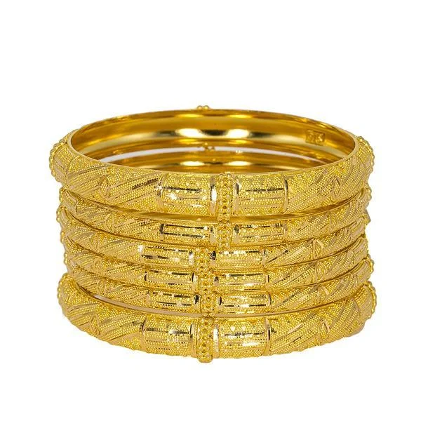 Designer Wedding Bangle Sets-22K Yellow Gold Bangles Set of 6 W/ Rounded Hollow Dome & Beaded Filigree, 83.4 gm