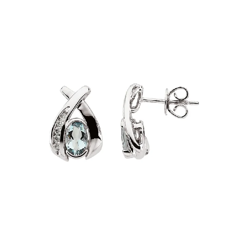 Large Statement Earrings-Oval Aquamarine & Diamond Crossover Post Earrings in 14k White Gold