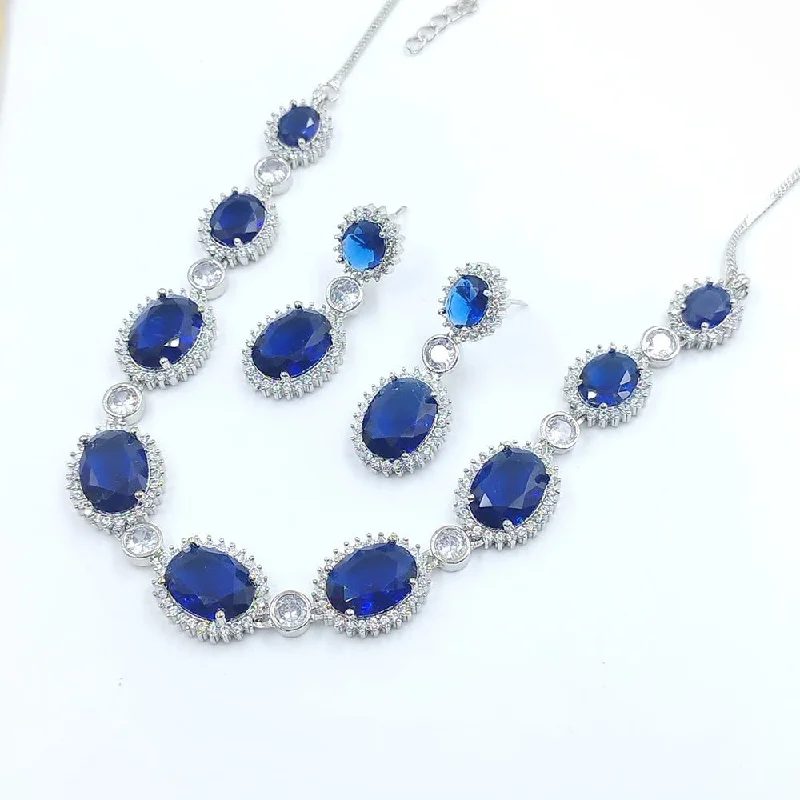 Silver Gemstone Necklaces-Akruti Collection Silver Plated AD Necklace Set