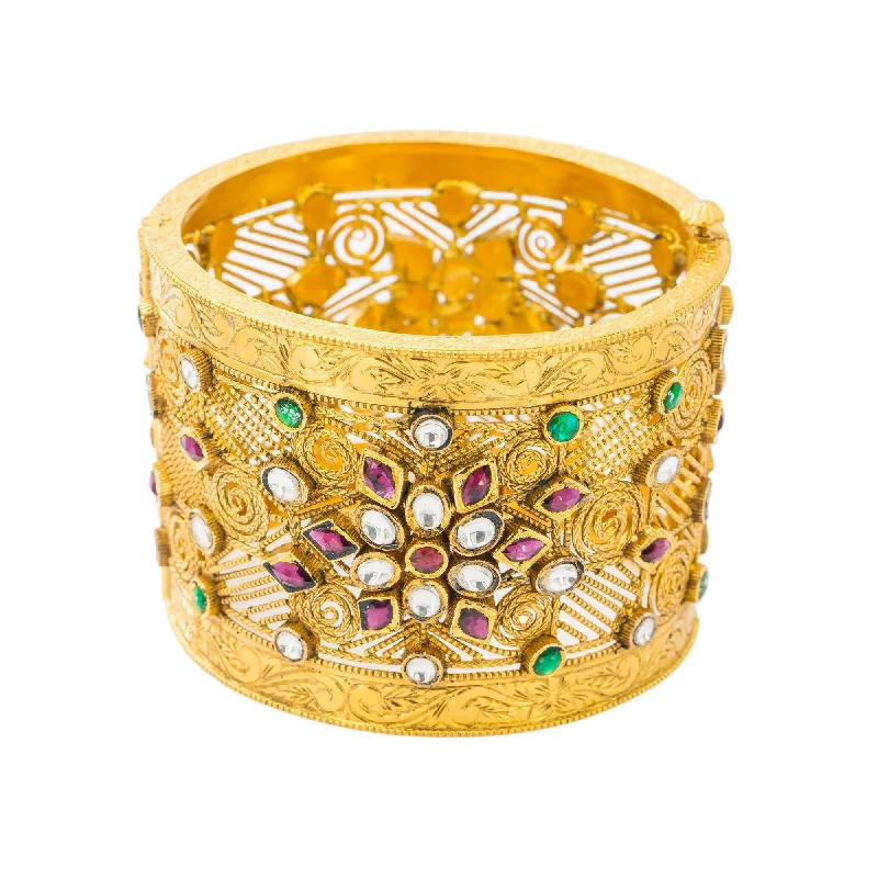 Trendy Silver Bangles-22K Yellow Antique Gold Kundan Bangle Cuff W/ Colorful Artistic Display