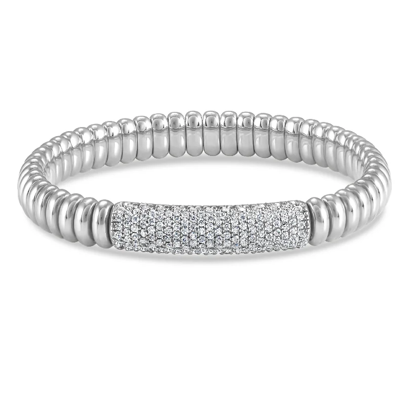 Wedding Bracelet Sets-Hulchi Belluni Bracelet with Pave Diamond ID Bar White Gold Stretch Stackable 22344-WW