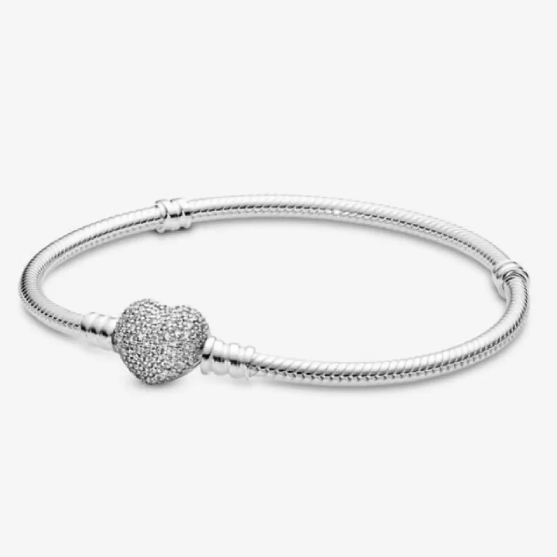 Sparkling Charm Bracelets-Pandora Moments Sparkling Heart Clasp Snake Chain Bracelet