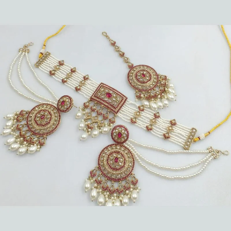 Designer Choker Necklaces-Rani Sati Jewels Gold Plated Kundan Stone And Beads Choker Necklace Set