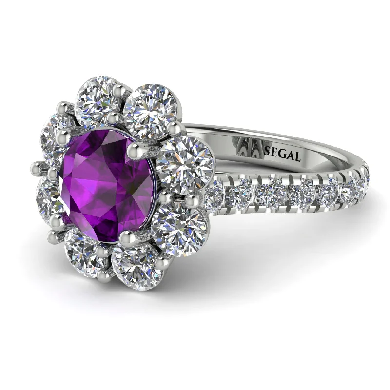 Luxury Gold Wedding Rings-Glamorous Amethyst Halo Engagement Ring - Amaya No. 303