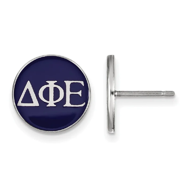 Designer Earrings-Sterling Silver Delta Phi Epsilon Blue Enamel Greek Post Earrings