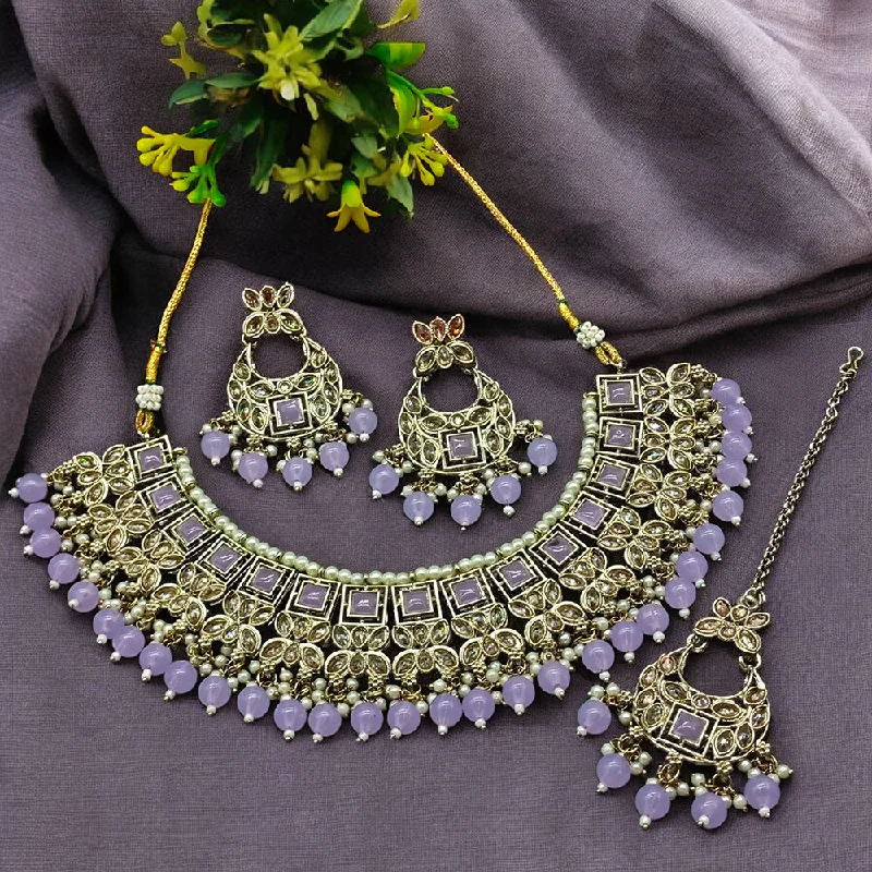 Large Gold Pendant Necklaces-Gehana Mahal Gold Plated Crystal Stone Pearl And Beads Necklace Set