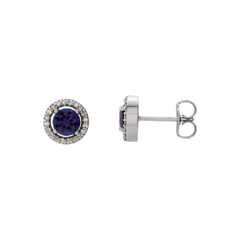 Wedding Jewelry Earrings-7.5mm Halo Style Blue Sapphire & Diamond Earrings in 14k White Gold