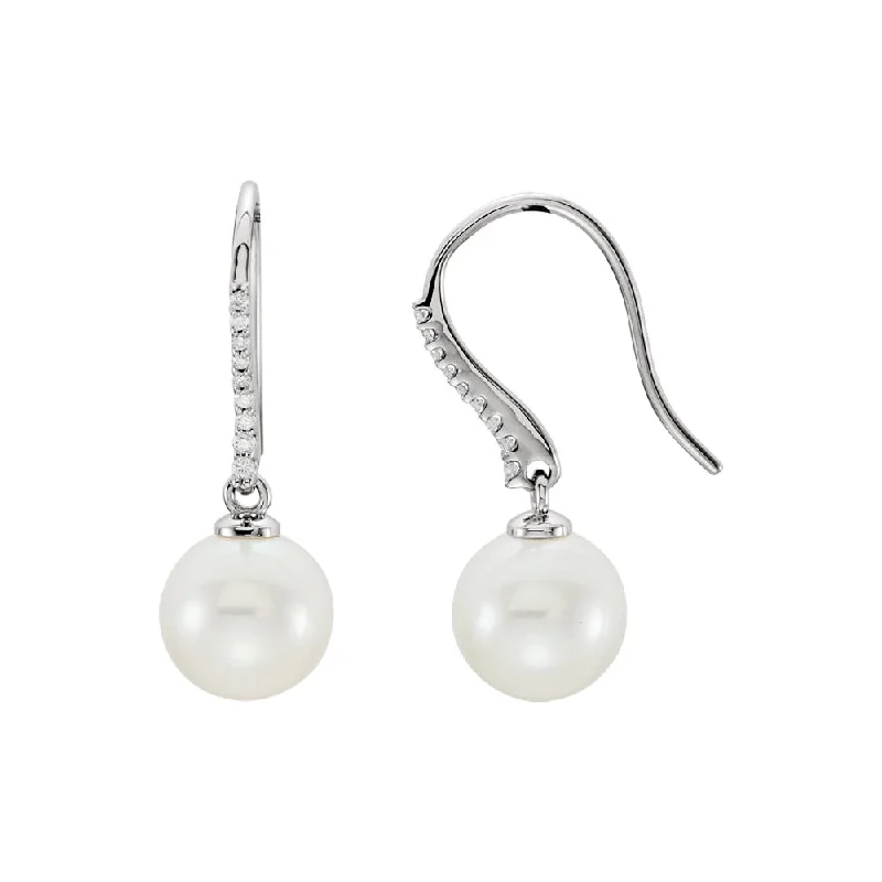 Cute Stud Earrings-Freshwater Cultured Pearl & Diamond Dangle Earrings in 14k White Gold