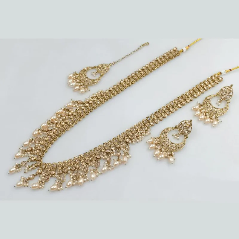 Elegant Long Necklaces-Rani Sati Jewels Gold Plated Kundan Stone And Pearls Long Necklace Set