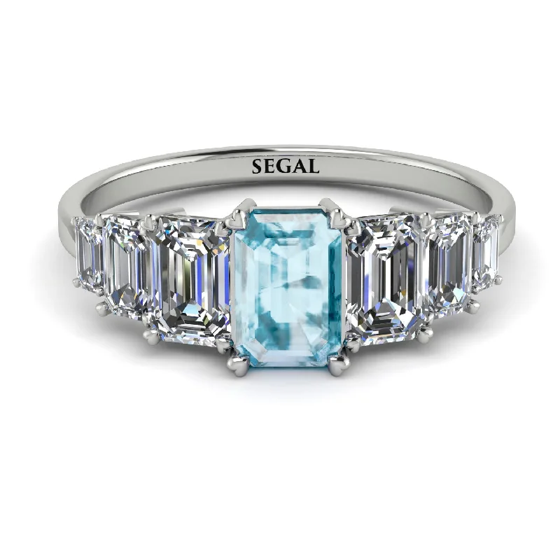 Engagement Ring with Sapphire-Emerald Cut Aquamarine Geometrical Ring - Briella No. 403