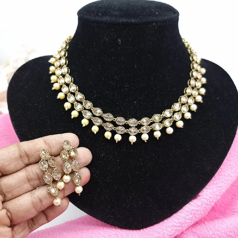 Sparkling Gold Necklaces-JCM Gold Plated Crystal Stone And Pearls Necklace Set