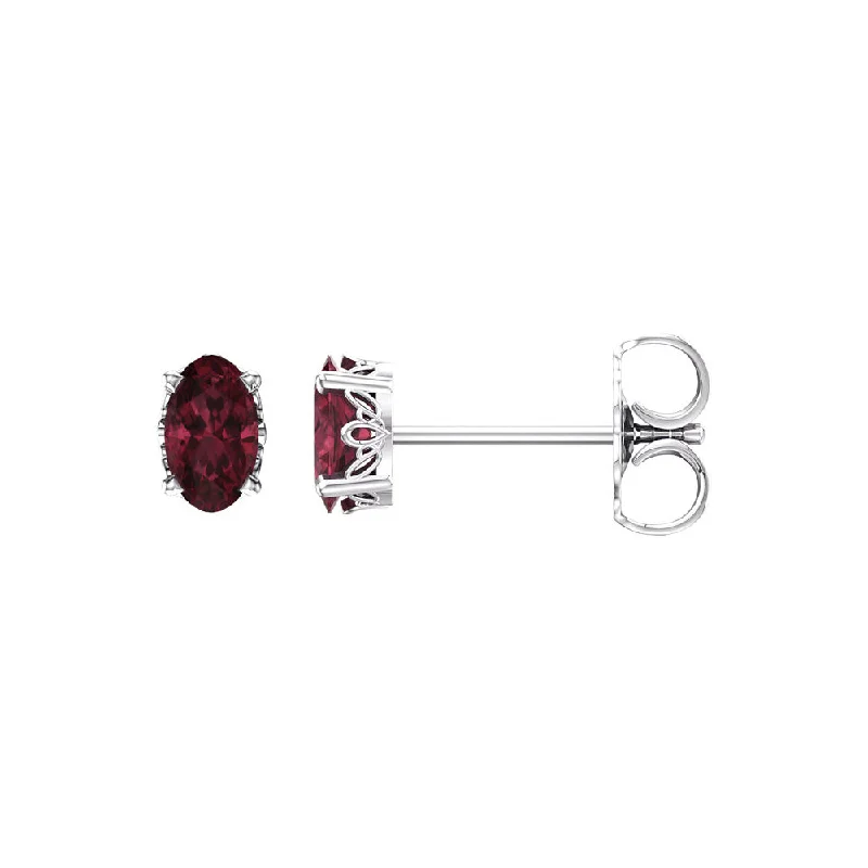 Ethnic Style Earrings-Faceted Oval Mozambique Garnet Stud Earrings in 14k White Gold