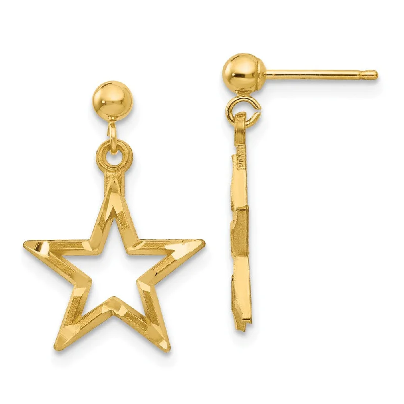 Hoop Earrings for Women-13mm Diamond Cut Open Star Dangle Post Earrings in 14k Yellow Gold