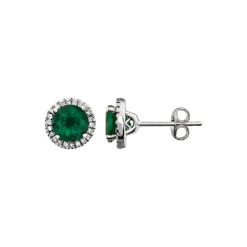 Colorful Earrings for Weddings-8mm Halo Style Created Emerald & Diamond Earrings in 14k White Gold