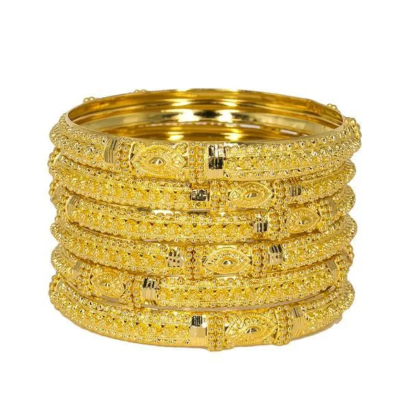 Stunning Wedding Bangle Sets-22K Yellow Gold Bangles Set of 6 W/ Domed Frame & Chunky Beaded Filigree, 85.1 gm