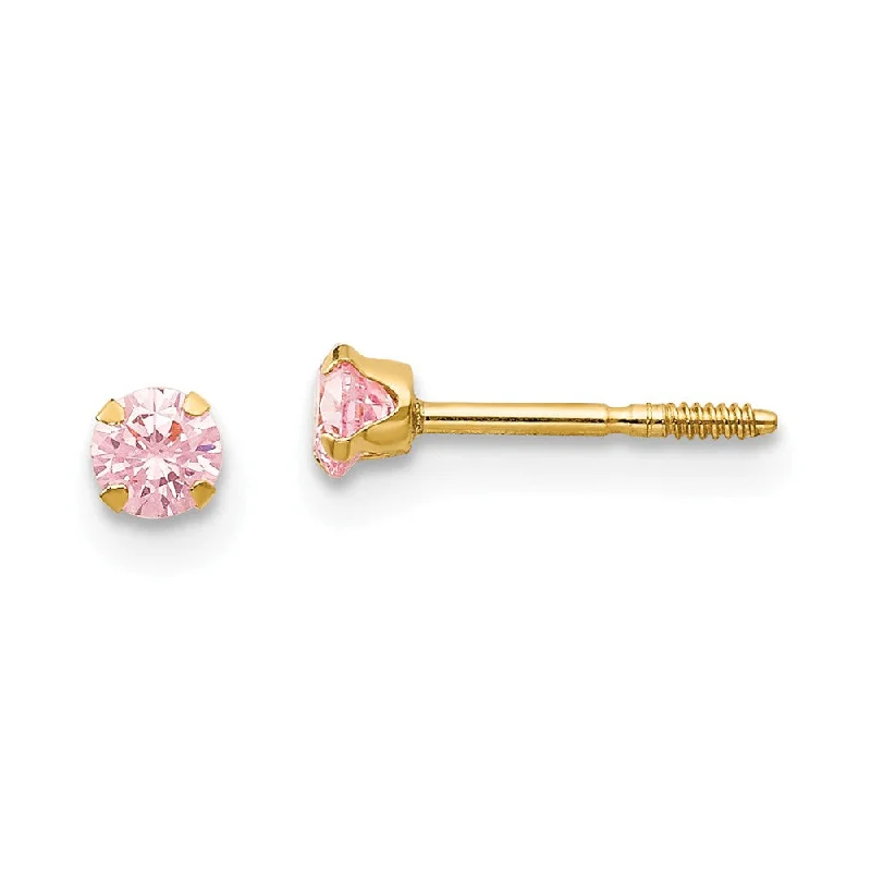 Designer Drop Earrings-Kids 3mm Pink Cubic Zirconia Stud Screw Back Earrings in 14k Gold