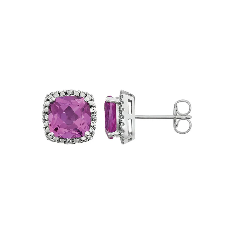 Long Drop Earrings-Created Pink Sapphire & Diamond 10mm Earrings in 14k White Gold