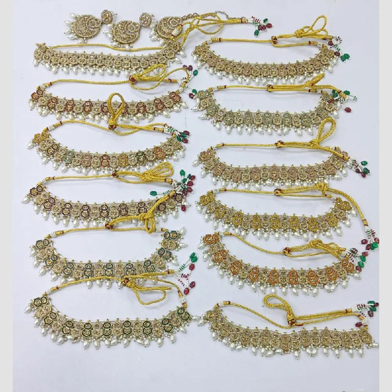 Trendy Silver Chain Necklaces-Rani Sati Jewels Gold Plated Crystal Stone And Pearls Choker Necklace Set