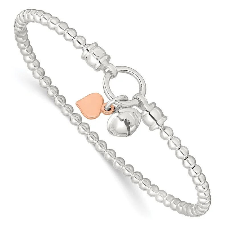 Handcrafted Tennis Bracelets-Sterling Silver Rose -tone Heart and Bell Stretch Bracelet