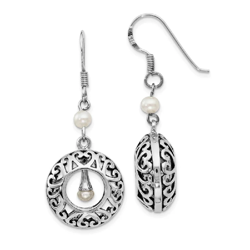 Unique Silver Earrings-Sterling Silver & FW Cultured Pearls of Wisdom Dangle Earrings, 40mm