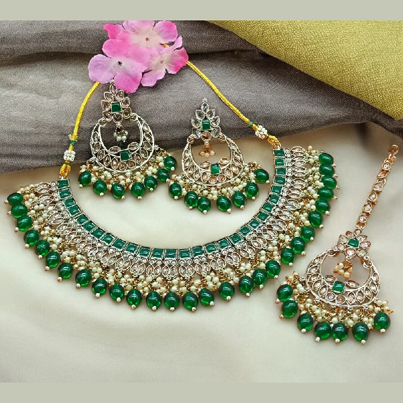 Fashionable Heart Shaped Necklaces-Gehana Mahal Gold Plated Crystal Stone Pearl And Beads Necklace Set