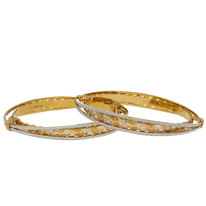 Wide Gold Bangles-22K Multi Tone Gold Laser Bangles Set of 2 W/ Grecian Leaf Design & Layered Bands