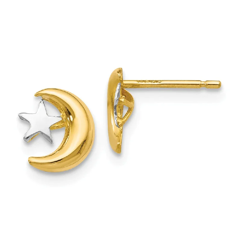 Custom Gold Earrings-8mm Two Tone Moon and Star Post Earrings in 14k Gold and Rhodium