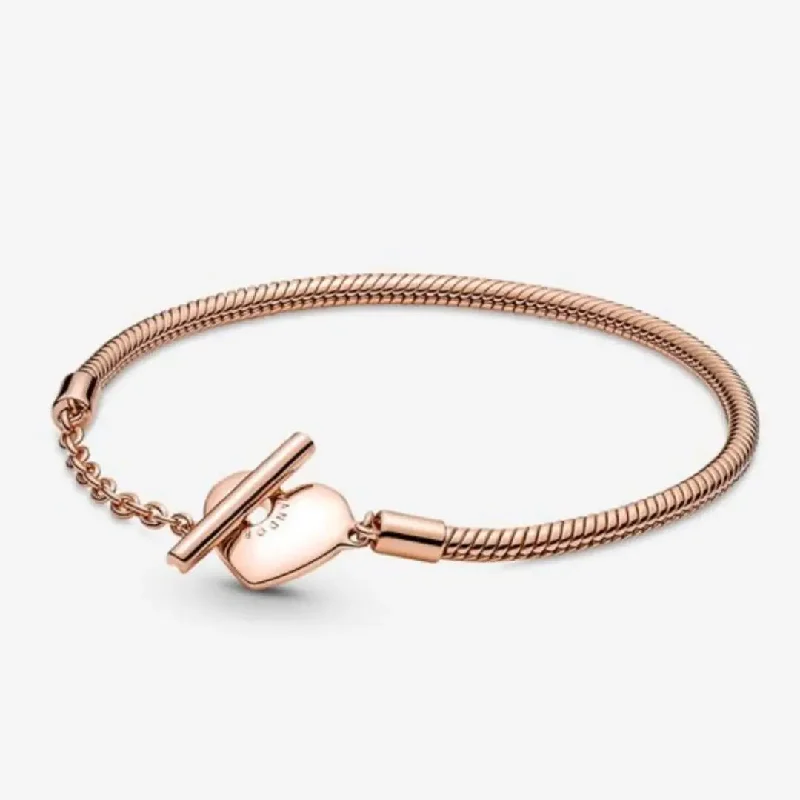 Sparkling Wedding Bracelets-Pandora Moments Heart T Bar Snake Chain Bracelet Rose