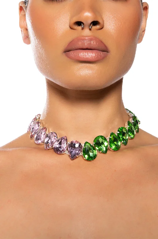 Unique Choker Necklaces-PRETTY IN PINK N GREEN RHINESTONE NECKLACE