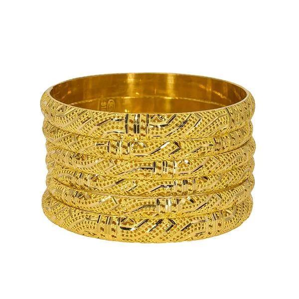 Wedding Bangle Bracelets Sets-22K Yellow Gold Bangles Set of 6 W/ Open Laser-Cut Designs, 77.4 gm