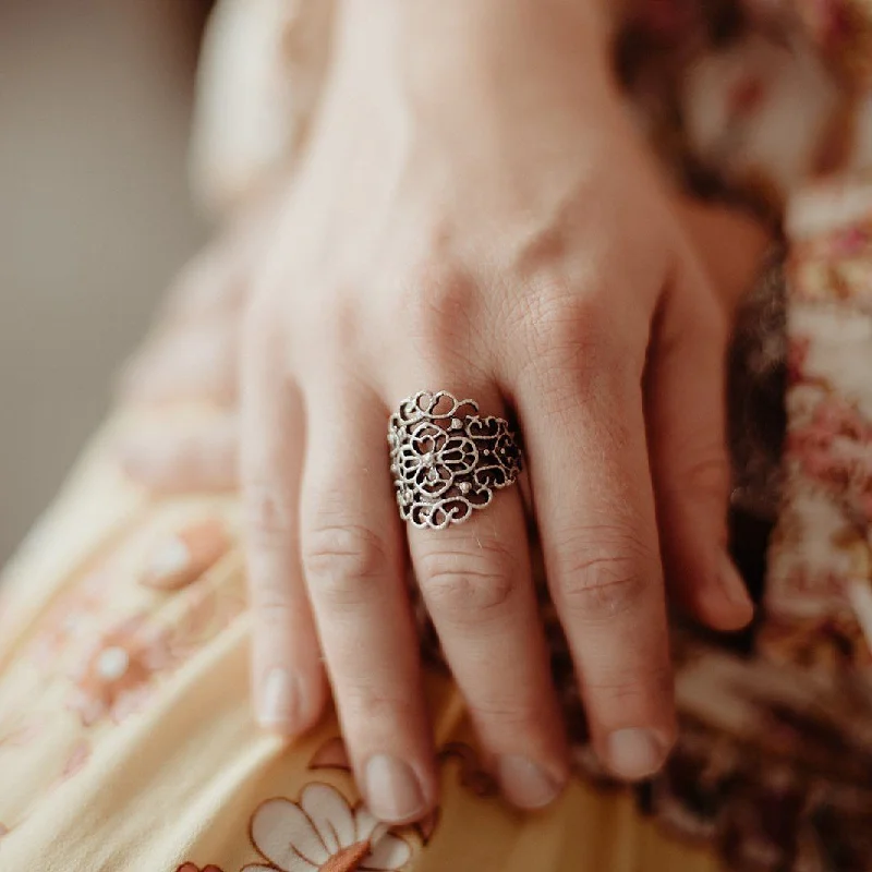 Designer Gold Rings-Anatolian Boho Ring - "Filigree Flower"