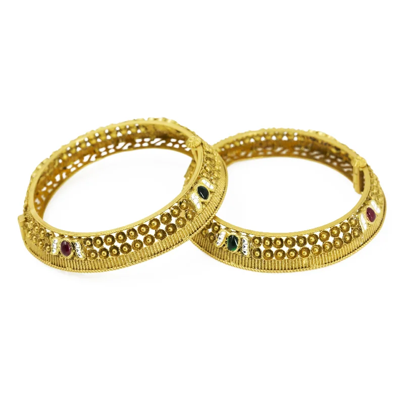 High-End Bangle Sets-22K Yellow Gold Antique Bangles Set of 2 W/ Ruby, Emerald, CZ Stones & Screw Closure