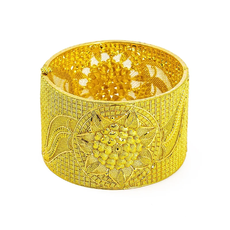 Classic Diamond Bangles-22K Yellow Gold Bangle W/ Faceted Lotus Flower Centerpiece & Openable Band