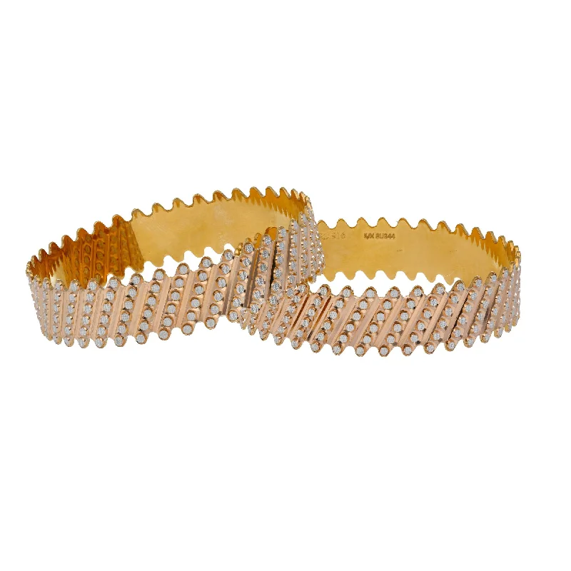 Slim Silver Bangles-22K Multi Tone Gold Laser Bangles Set of 2 W/ Diagonal Diamond Cutting Accents