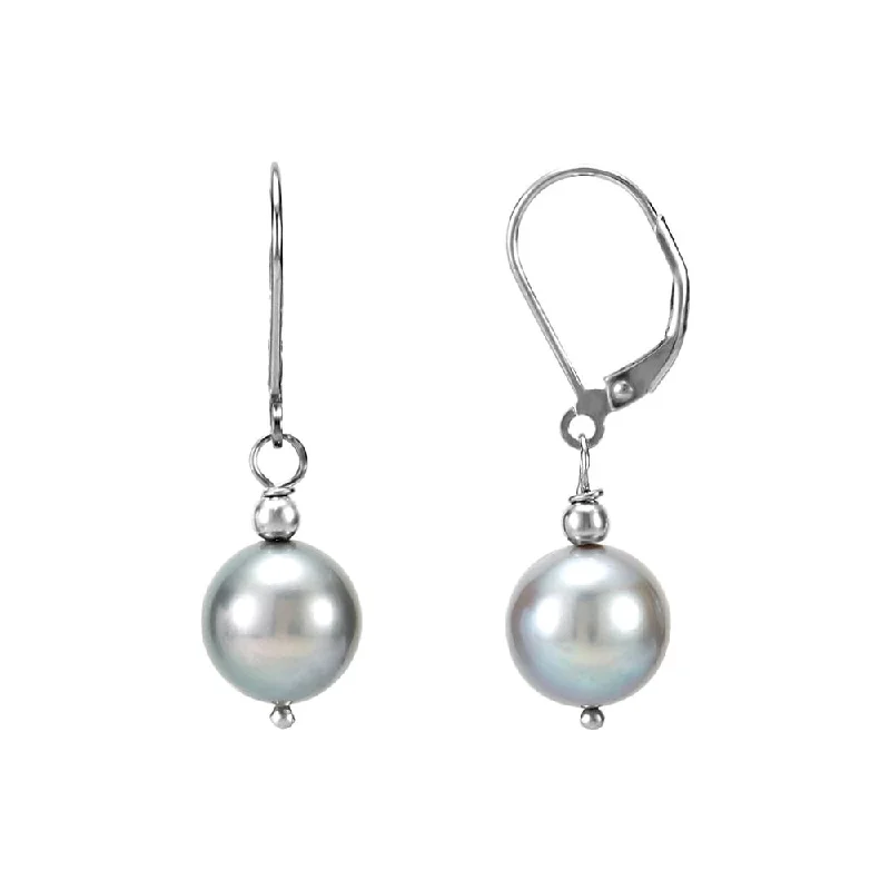 Long Dangle Earrings-Freshwater Cultured Gray Pearl Lever Back Earrings in Sterling Silver