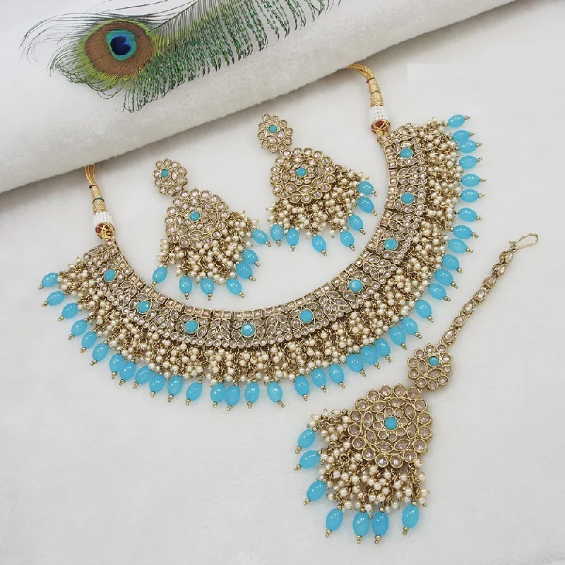 Custom Gold Necklaces-Mangalmani Jewels Gold Plated Crystal Stone Pearl And Beads Necklace Set