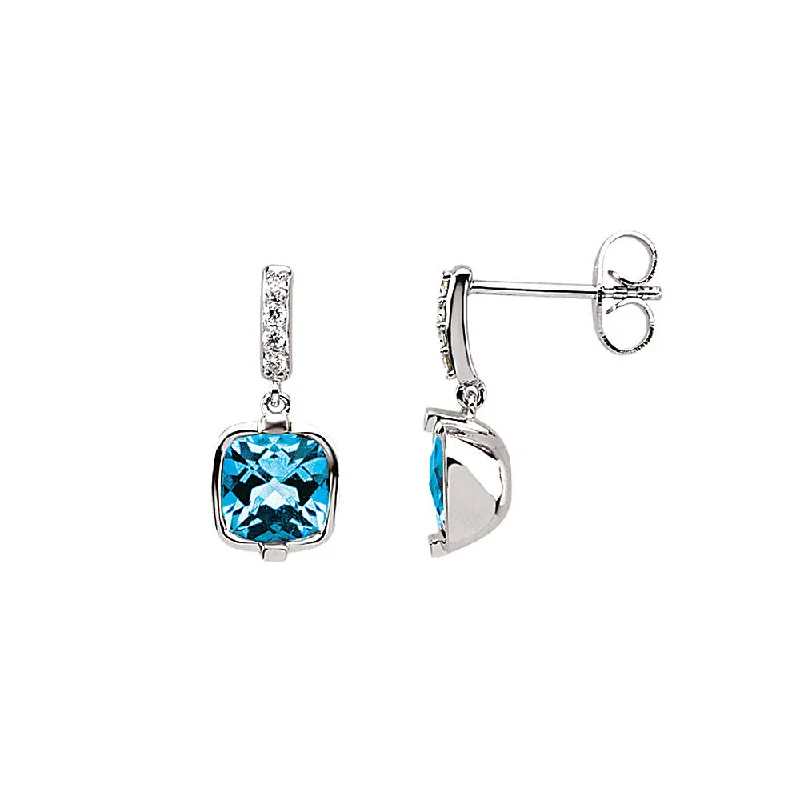 Gorgeous Pearl Earrings-Cushion Swiss Blue Topaz & Diamond 14k White Gold Dangle Post Earrings