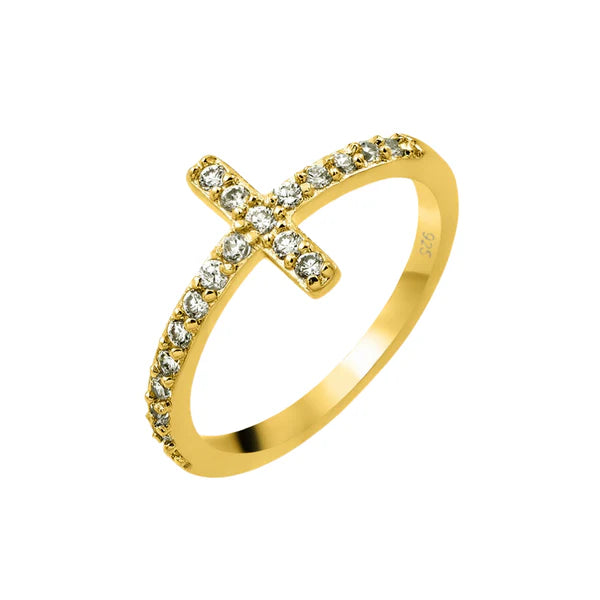 Vintage Gold Rings-Silver 925 Gold Plated Clear Inlay CZ Cross Ring