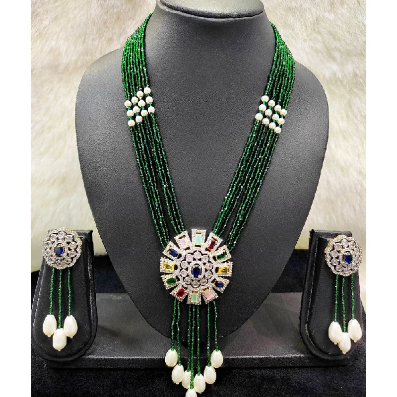 Handcrafted Gemstone Necklaces-Aamrapali Silver Plated AD And Pearls Long Necklace Set