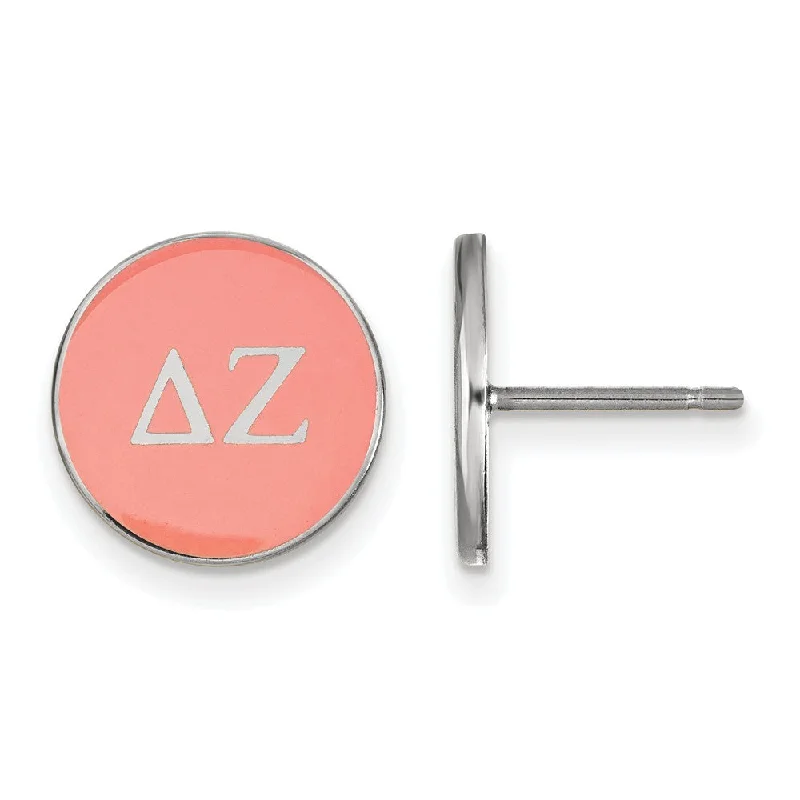 Small Hoop Earrings-Sterling Silver Delta Zeta Pink Enamel Disc Post Earrings