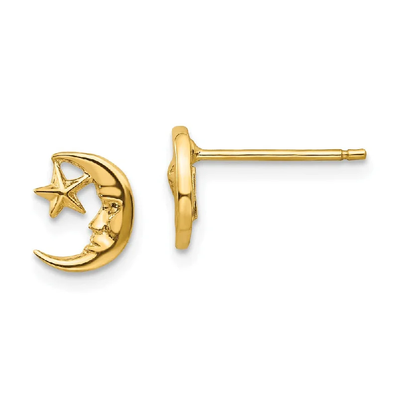 Contemporary Earrings-Mini Crescent Moon and Star Post Earrings in 14k Yellow Gold