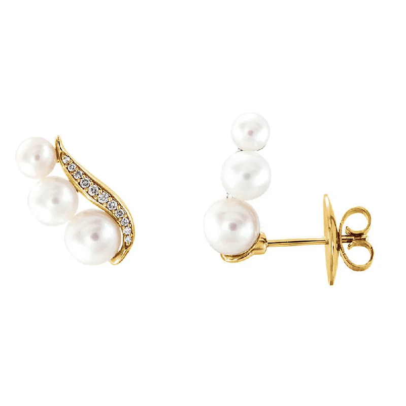 Luxury Gold Earrings-16mm 14k Yellow Gold FW Cultured Pearl & 1/10 CTW Diamond Ear Climbers