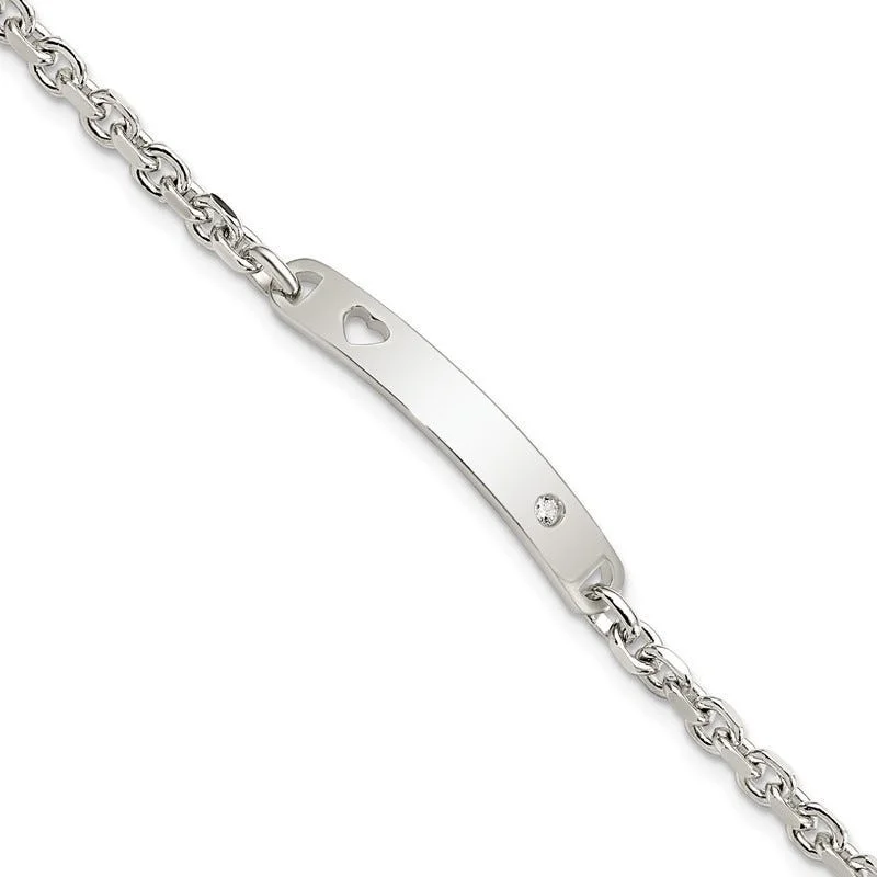 Personalized Silver Link Bracelets-Sterling Silver Polished ID W/CZ Heart Bracelet