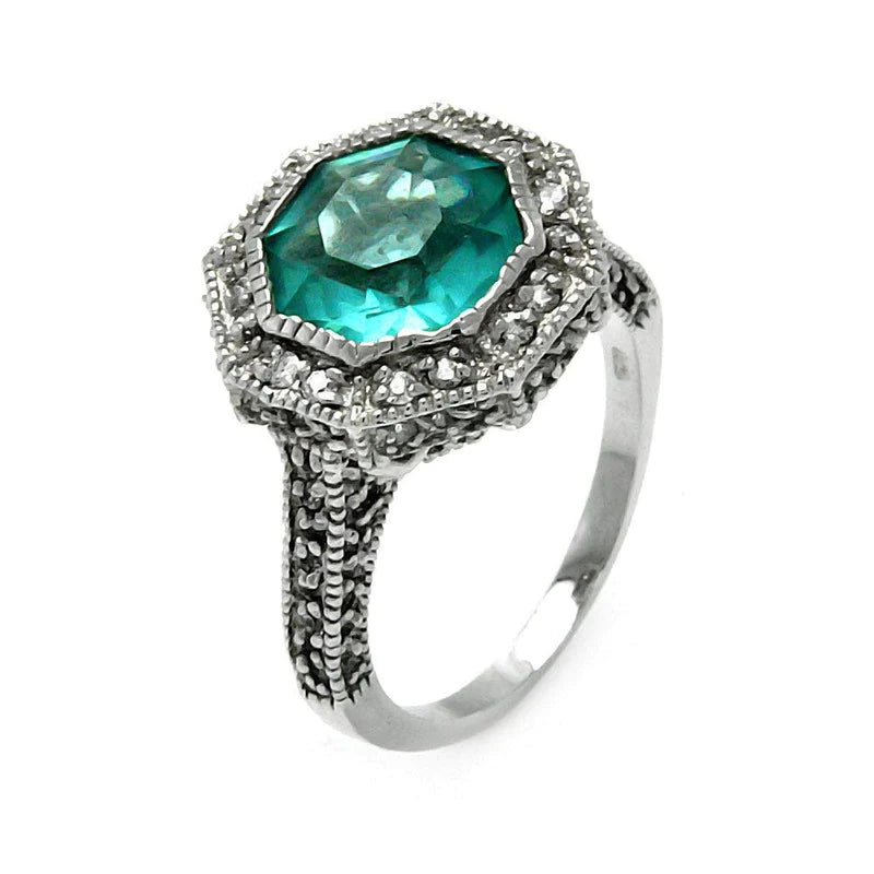 Elegant Silver Rings-Silver 925 Oxidized Rhodium Plated Teal Octagon CZ Ring