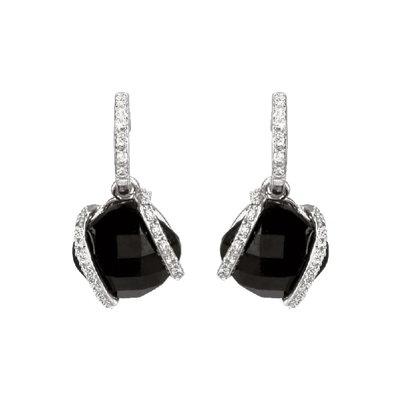 Minimalist Earrings-Cushion Lozenge Onyx & Diamond Dangle Earrings in 14k White Gold