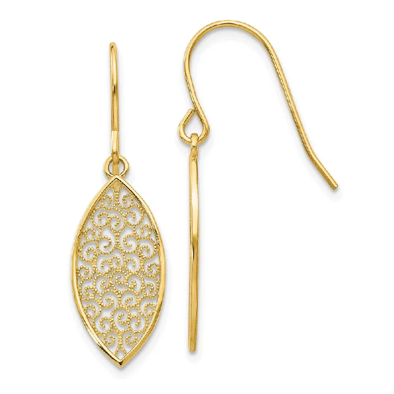 Long Dangle Earrings-Marquise Filigree Dangle Earrings in 14k Yellow Gold