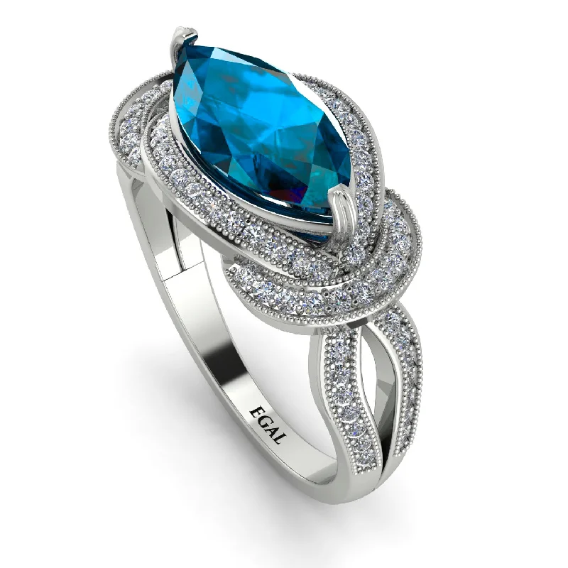 Adjustable Silver Rings-Milgrain Marquise Blue Topaz Engagement Ring - Marley No. 503