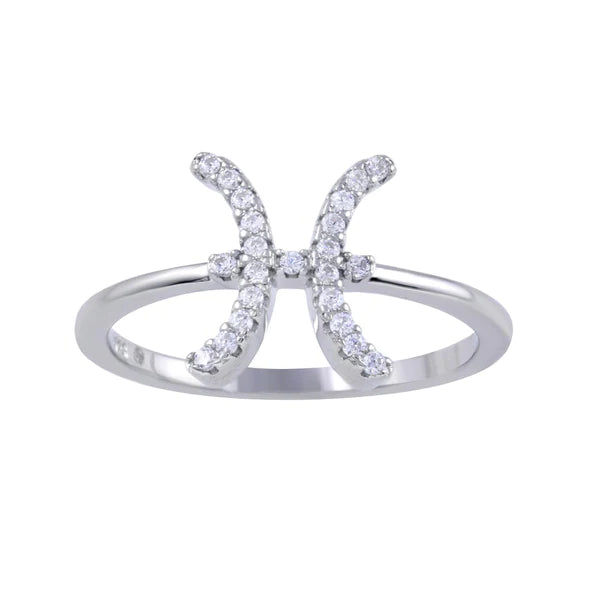 Simple Silver Rings-Sterling Silver 925 Rhodium Plated Pisces CZ Zodiac Sign Ring