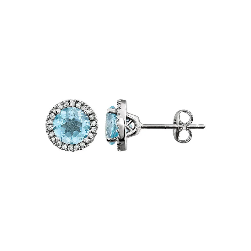 High-End Gold Earrings-8mm Halo Style Sky Blue Topaz & Diamond Earrings in 14k White Gold