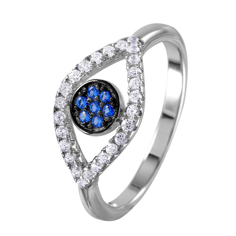 Colored Gemstone Rings-Silver 925 Rhodium Plated Open Evil Eye Ring with Blue Center Stones